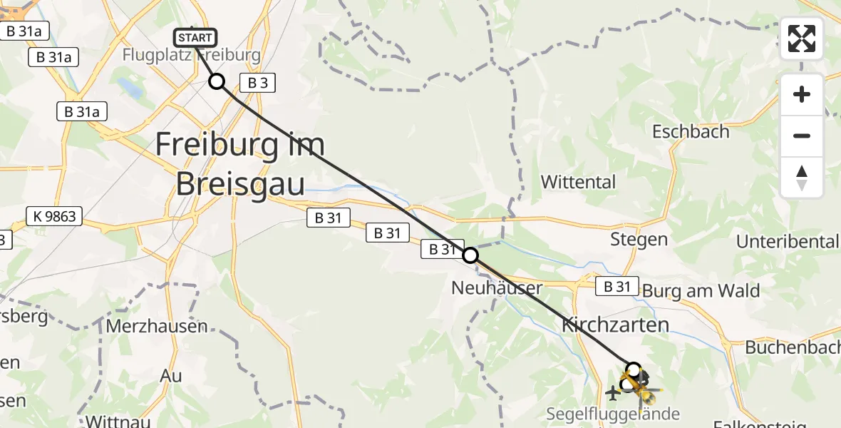 Flugroute Rettungshubschrauber Freiburg im Breisgau Flugplatz - Kirchzarten, 29 April 2026, 15:00