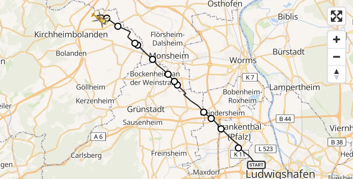 Flugroute Rettungshubschrauber Ludwigshafen am Rhein - Ilbesheim, 29 April 2026, 15:04