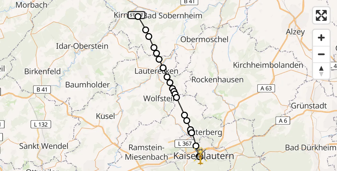 Flugroute Rettungshubschrauber Hochstetten-Dhaun - Westpfalz Hospital Kaiserslautern, 29 April 2026, 15:04