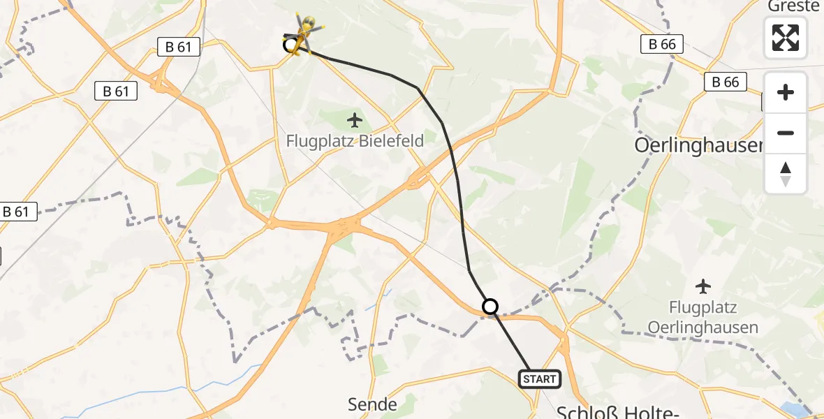 Flugroute Rettungshubschrauber Schloß Holte-Stukenbrock - Luftrettungszentrum Bielefeld, 29 April 2026, 15:05