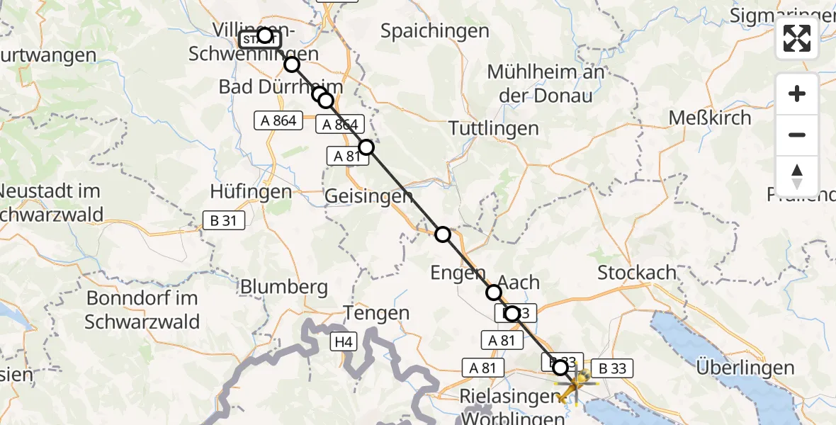 Flugroute Rettungshubschrauber DRF Air Rescue Station Villingen-Schwenningen Hubschrauberlandeplatz (Christoph 11) - Radolfzell am Bodensee, 29 April 2026, 15:05