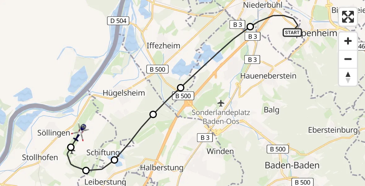 Flugroute Polizeihubschrauber Rastatt - Karlsruhe Baden-Baden Flughafen, 29 April 2026, 15:05