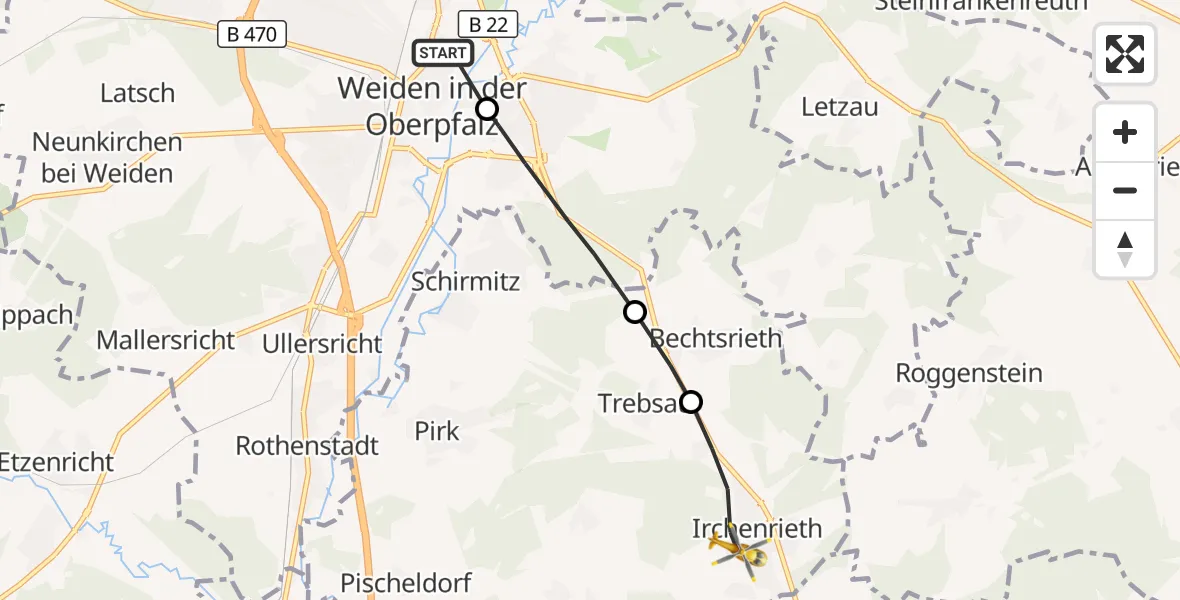 Flugroute Rettungshubschrauber Weiden Hospital - Irchenrieth, 29 April 2026, 15:13