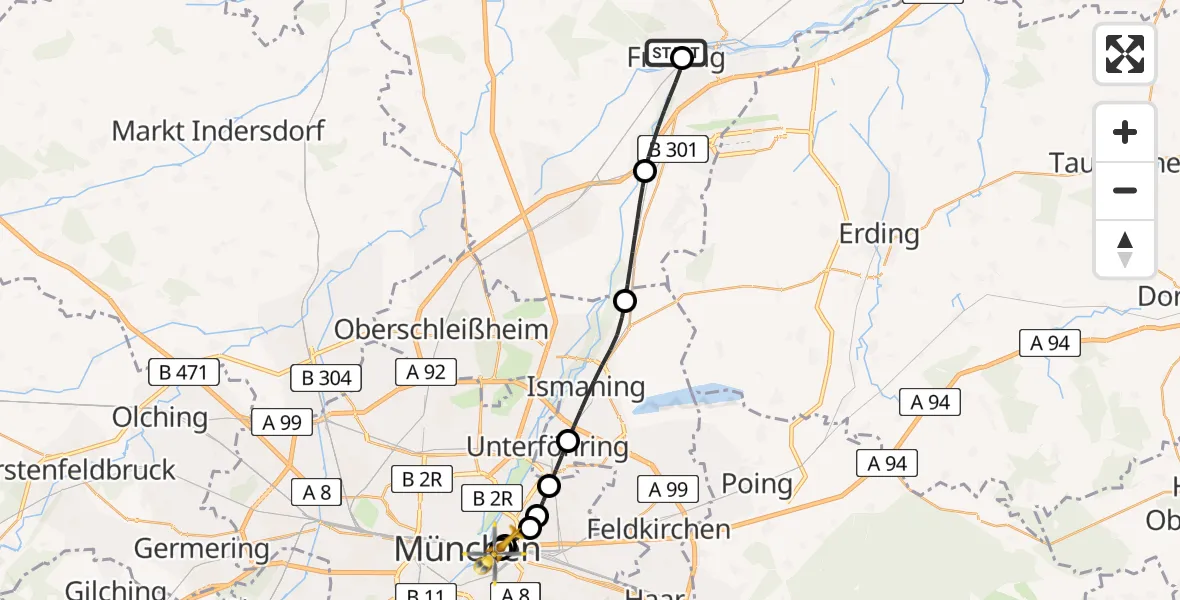 Flugroute Rettungshubschrauber Freising Clinic Hubschrauberlandeplatz - Rechts der Isar University Hospital, 29 April 2026, 15:14