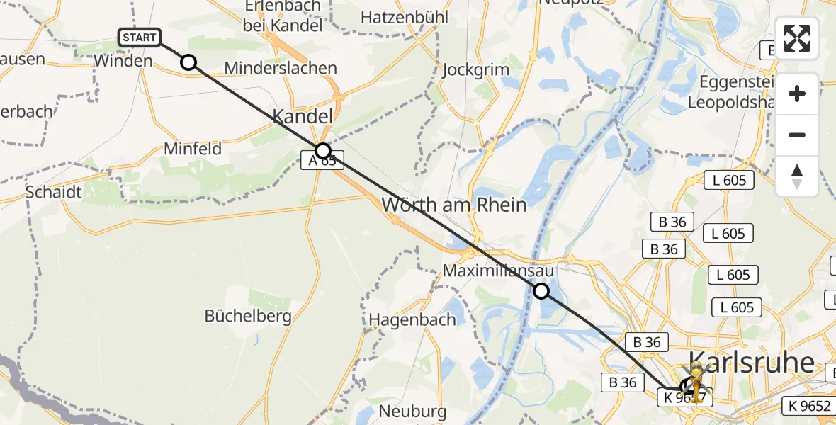 Flugroute Rettungshubschrauber Steinweiler - Sankt Vincentius Hospital, 29 April 2026, 15:15