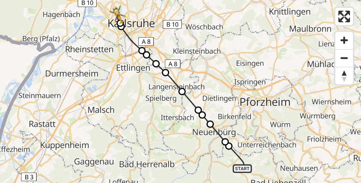 Flugroute Rettungshubschrauber Schömberg - Karlsruhe, 29 April 2026, 15:18