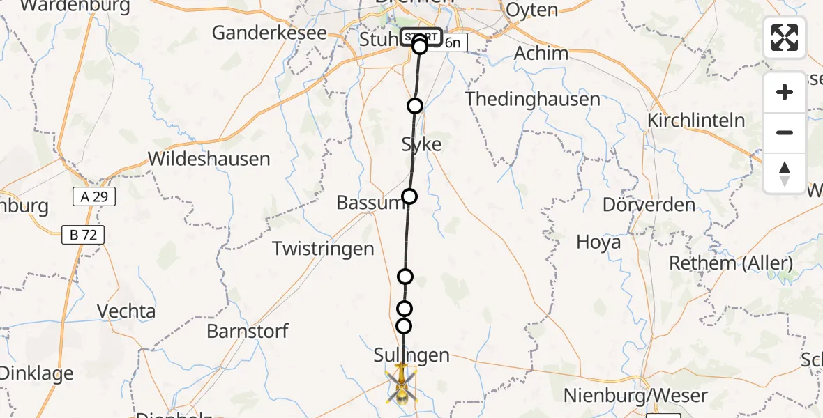 Flugroute Rettungshubschrauber ADAC Air Rescue Station Bremen Hubschrauberlandeplatz (Christoph 6) - Sulingen, 29 April 2026, 15:22