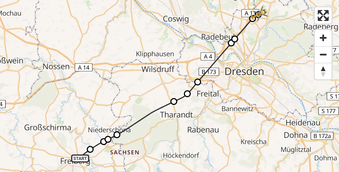 Flugroute Rettungshubschrauber Freiberg - Dresden Bundespolizei Hubschrauberlandeplatz, 29 April 2026, 15:22