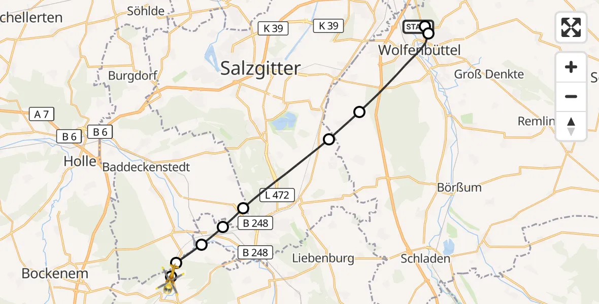 Flugroute Rettungshubschrauber Wolfenbüttel Municipal Hospital Heliport (Christoph 30) - Langelsheim, 29 April 2026, 15:28