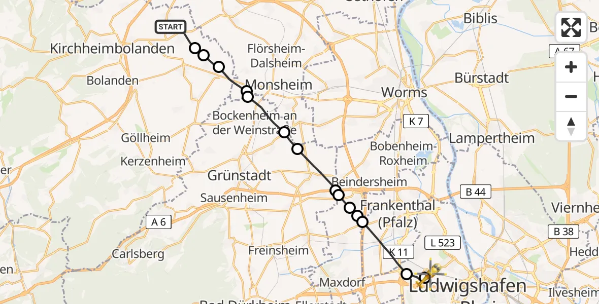 Flugroute Rettungshubschrauber Stetten - Ludwigshafen Accident Hospital, 29 April 2026, 15:29