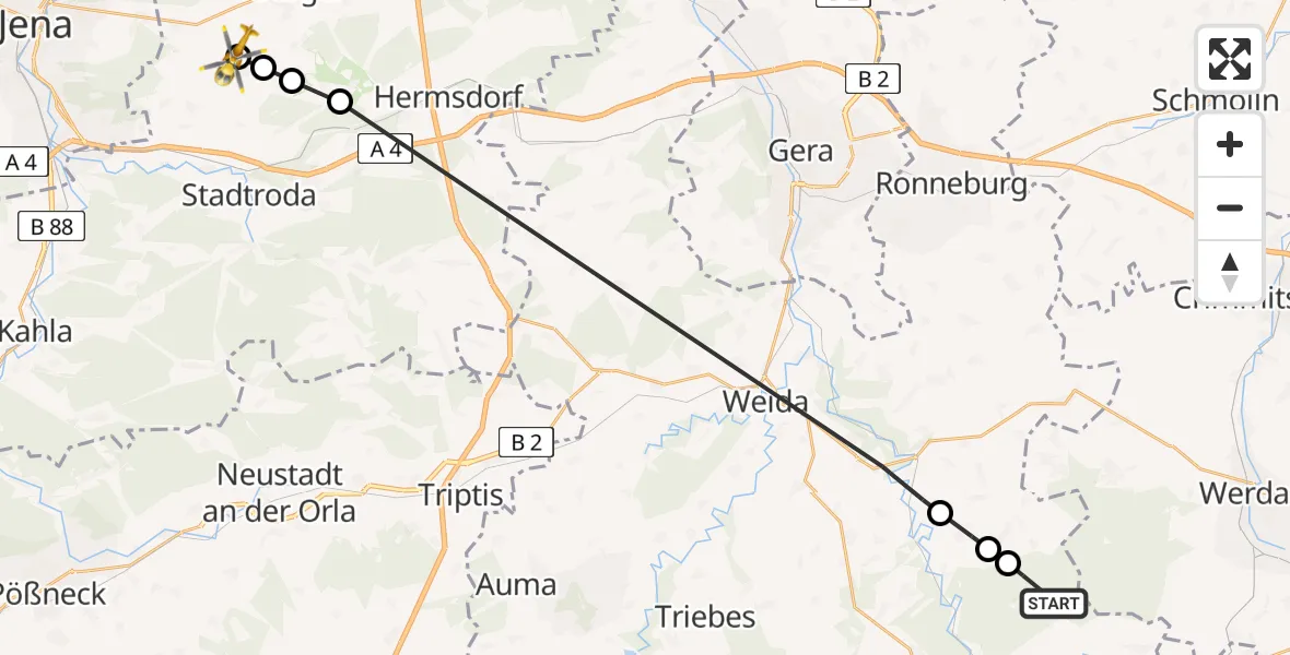 Flugroute Rettungshubschrauber Mohlsdorf-Teichwolframsdorf - Jena-Schöngleina Flugplatz, 29 April 2026, 15:30