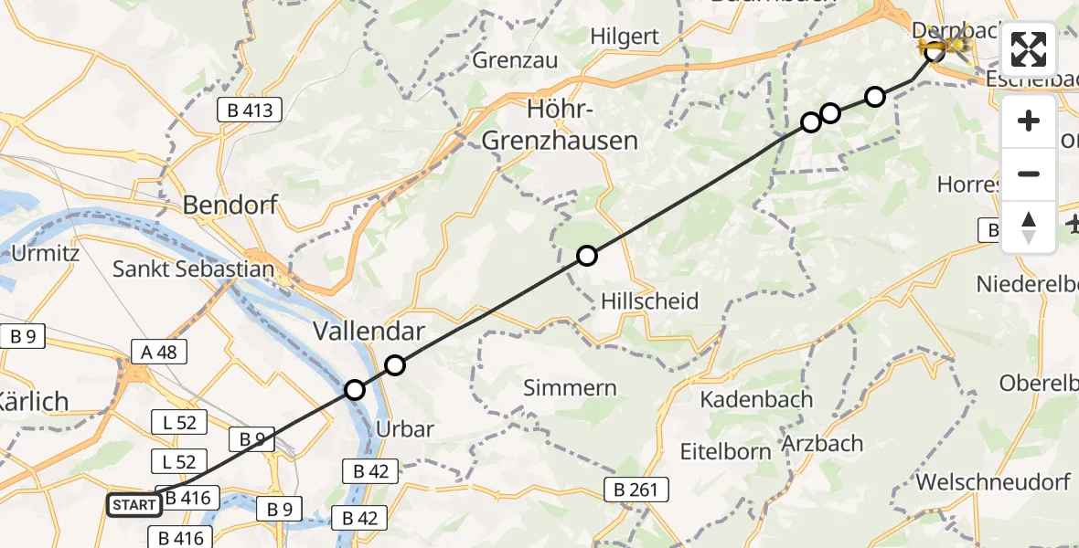 Flugroute Rettungshubschrauber Koblenz - Dernbach Sacred Heart Hospital, 29 April 2026, 15:31