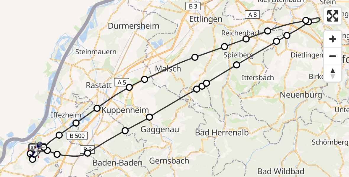 Flugroute Polizeihubschrauber Karlsruhe Baden-Baden Flughafen - Karlsruhe Baden-Baden Flughafen, 29 April 2026, 15:39