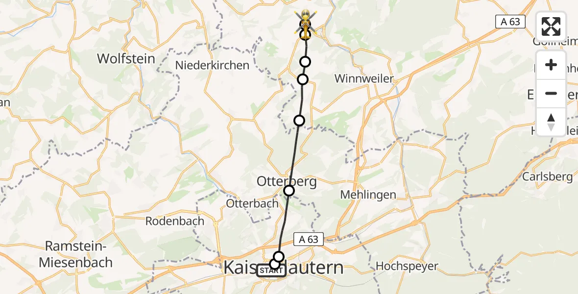 Flugroute Rettungshubschrauber Westpfalz Hospital Kaiserslautern - Imsweiler UL, 29 April 2026, 15:40