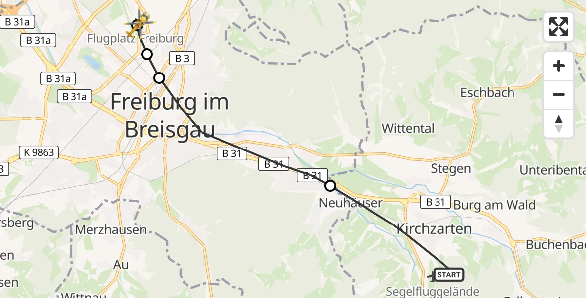Flugroute Rettungshubschrauber Kirchzarten - Freiburg im Breisgau Flugplatz, 29 April 2026, 15:44