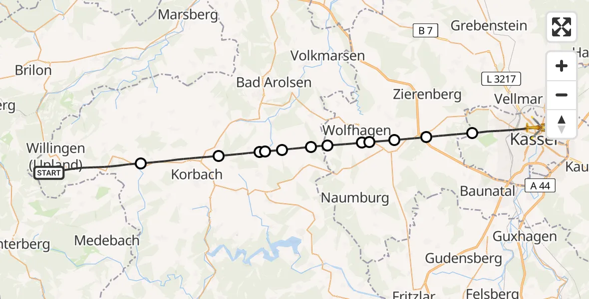Flugroute Rettungshubschrauber Willingen (Upland) - Kassel, 29 April 2026, 15:52