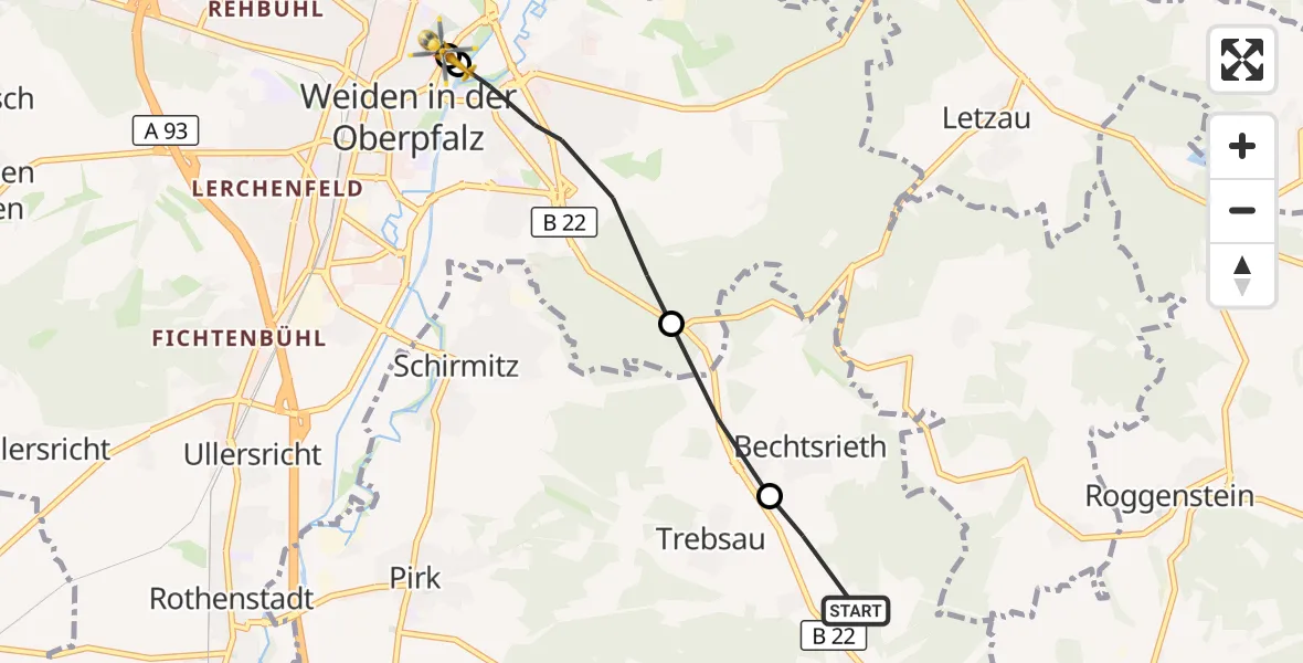 Flugroute Rettungshubschrauber Irchenrieth - Weiden Hospital, 29 April 2026, 15:57