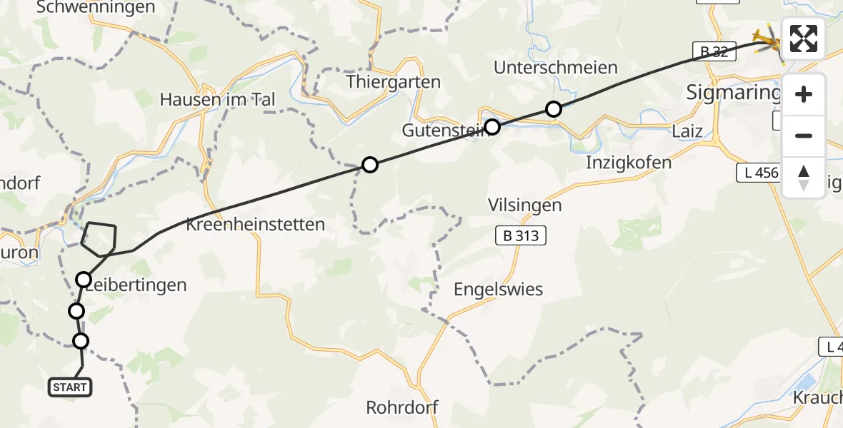 Flugroute Rettungshubschrauber Buchheim - Sigmaringen, 29 April 2026, 16:00