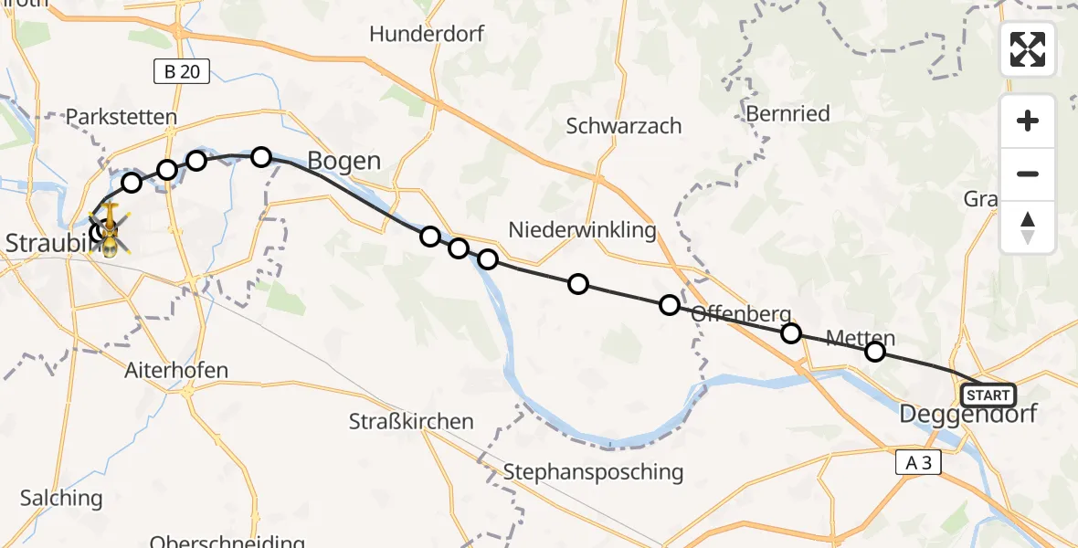 Flugroute Rettungshubschrauber Deggendorf - Sankt Elisabeth Hospital Straubing, 29 April 2026, 16:02