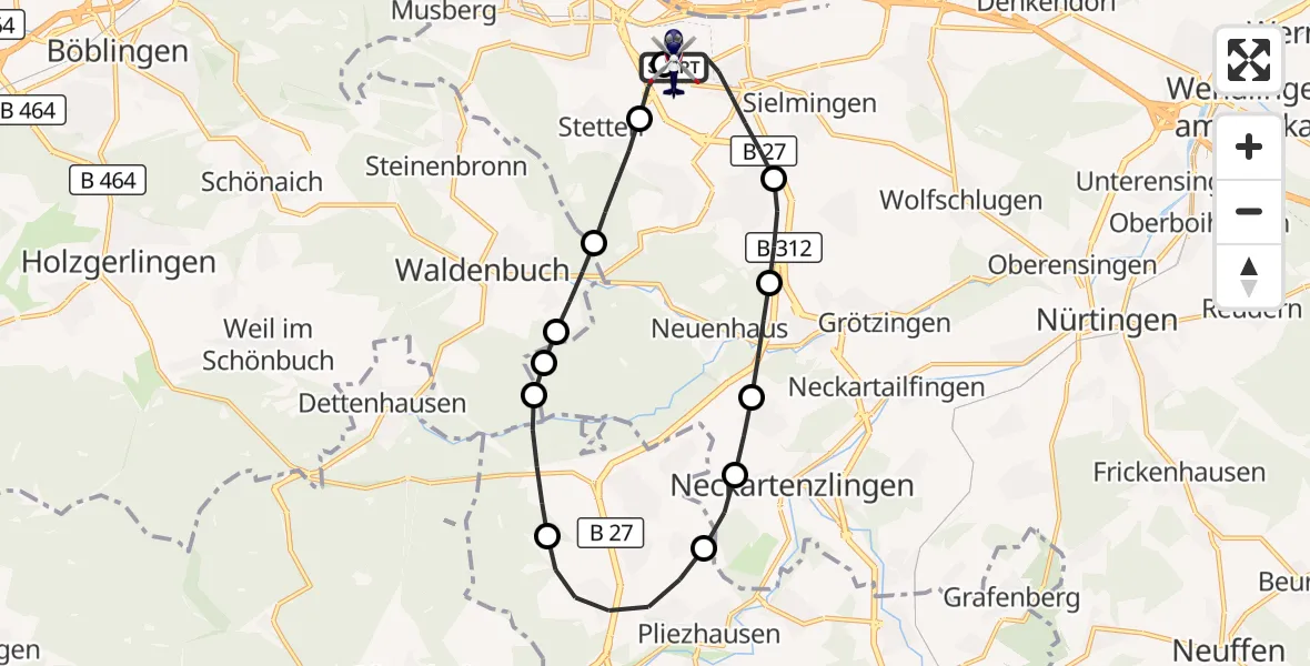 Flugroute Polizeihubschrauber Flughafen Stuttgart - Flughafen Stuttgart, 29 April 2026, 16:04