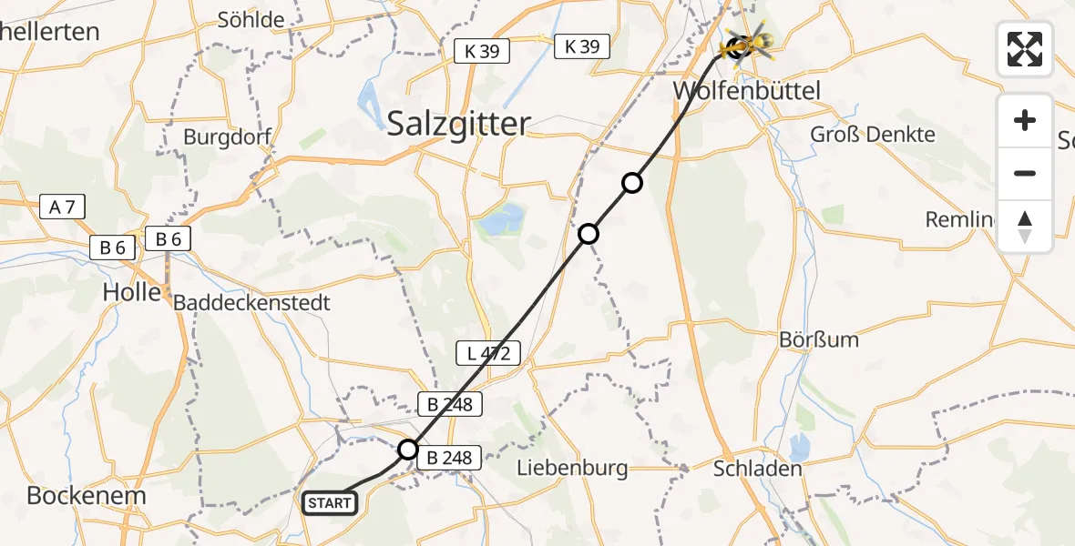 Flugroute Rettungshubschrauber Langelsheim - Wolfenbüttel Municipal Hospital Heliport (Christoph 30), 29 April 2026, 16:07