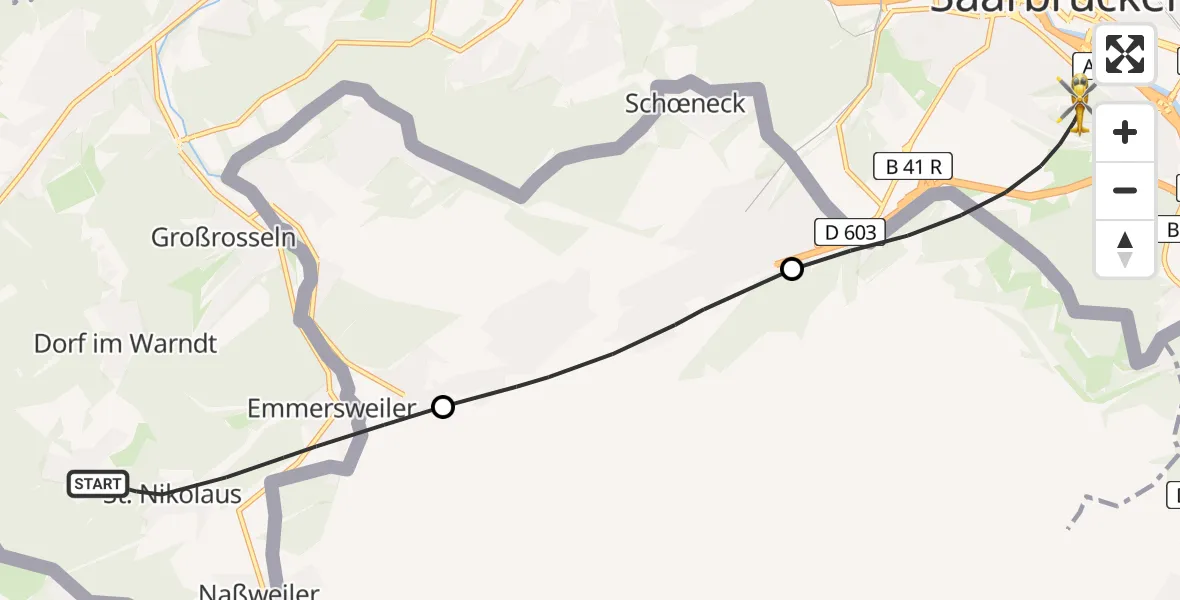 Flugroute Rettungshubschrauber Großrosseln - Saarbrücken, 29 April 2026, 16:08