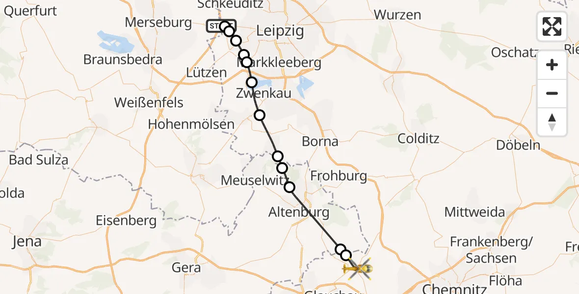 Flugroute Rettungshubschrauber ADAC Air Rescue Station Leipzig/Schkeuditz-Dölzig Hubschrauberlandeplatz (Christoph 61) - Waldenburg, 29 April 2026, 16:08