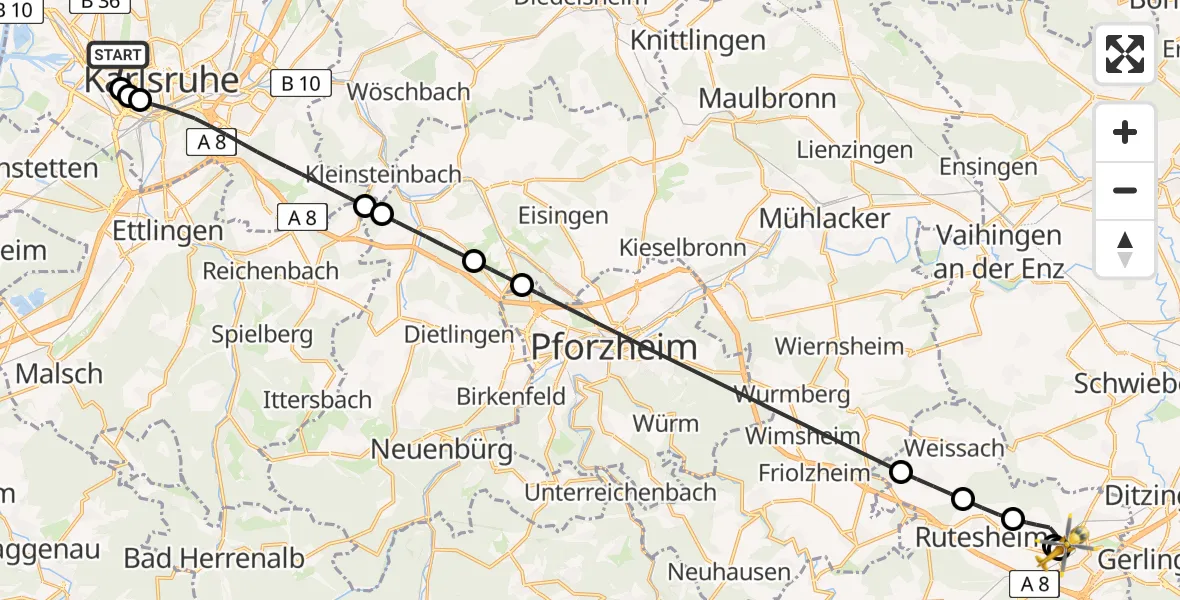 Flugroute Rettungshubschrauber Karlsruhe - Leonberg Hospital, 29 April 2026, 16:11