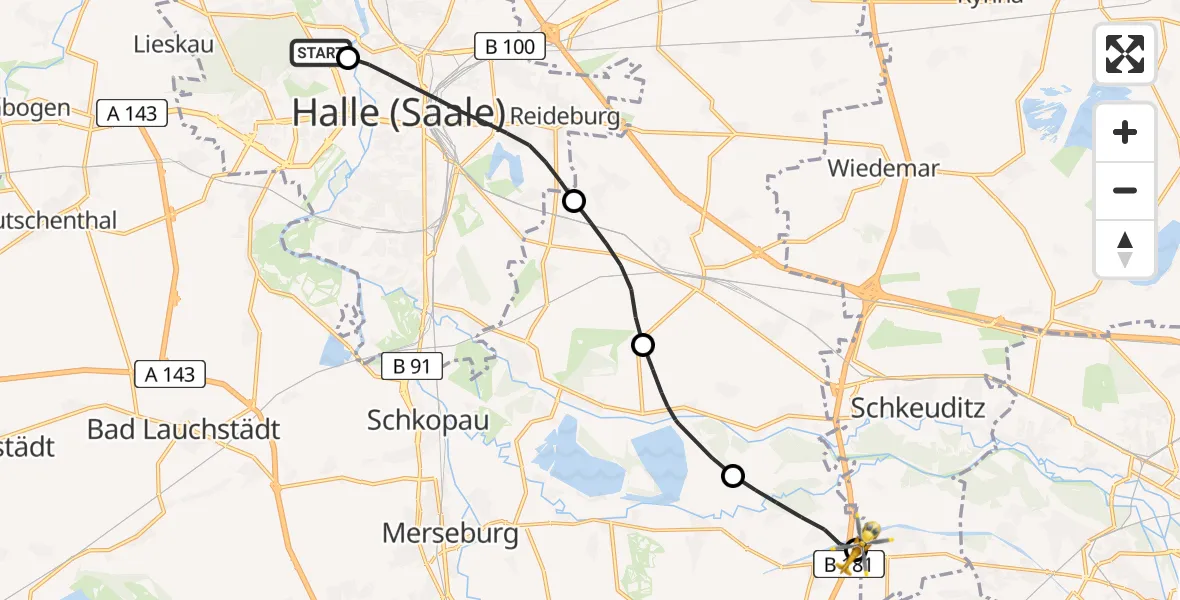 Flugroute Rettungshubschrauber Halle (Saale) University Hospital - ADAC Air Rescue Station Leipzig/Schkeuditz-Dölzig Hubschrauberlandeplatz (Christoph 61), 29 April 2026, 16:13