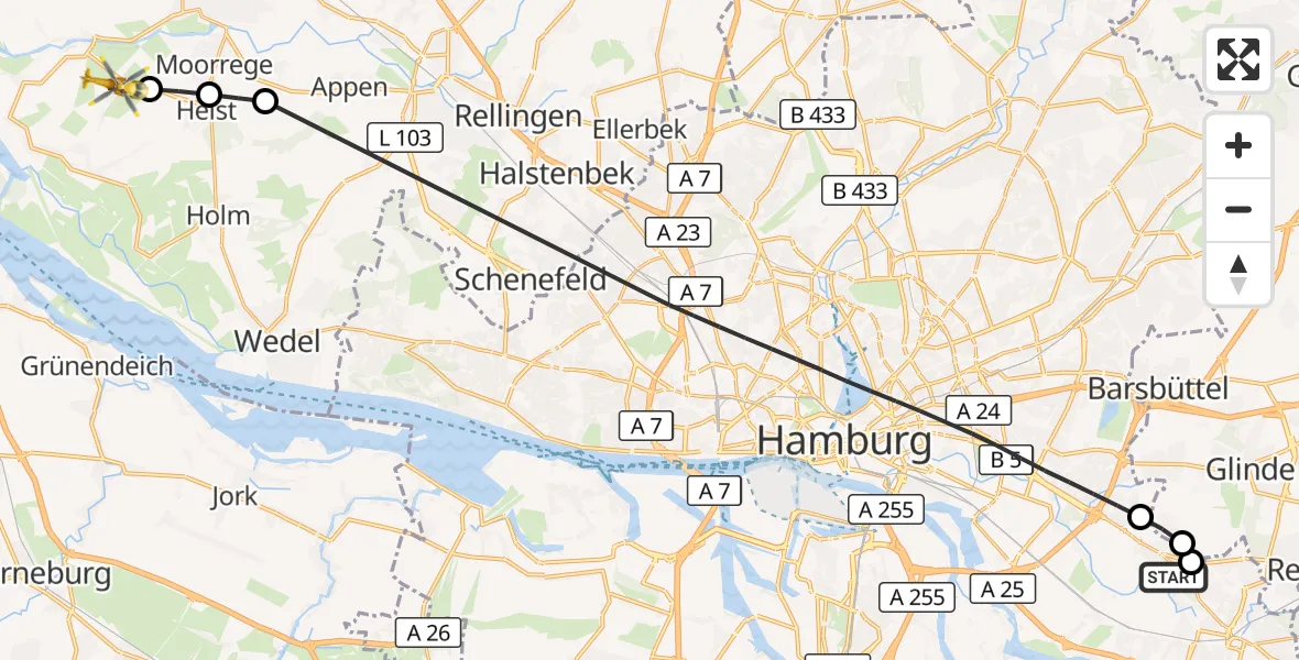 Flugroute Ambulanzhubschrauber Christoph Hansa ADAC Hubschrauberlandeplatz - Haselau, 29 April 2026, 16:14