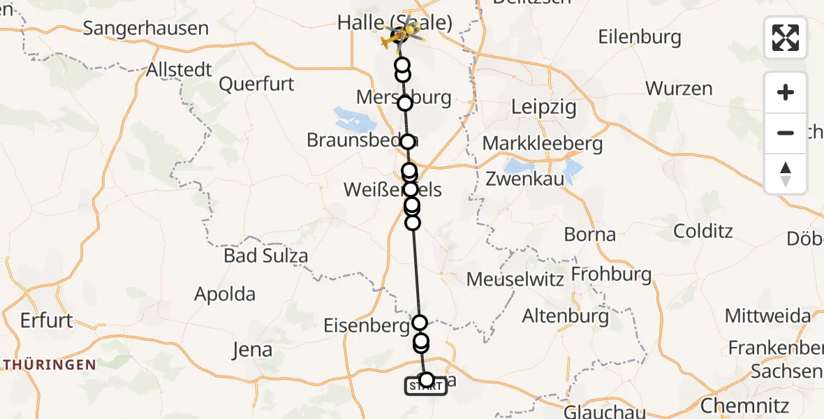 Flugroute Ambulanzhubschrauber SRH Wald-Klinikum Gera Hospital - BG Hospital Bergmannstrost Halle, 29 April 2026, 16:16