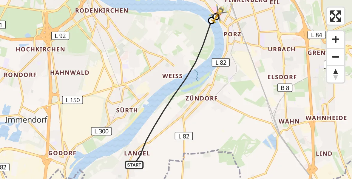 Flugroute Rettungshubschrauber Köln - Porz am Rhein Hospital, 29 April 2026, 16:17