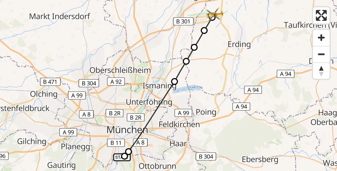 Flugroute Rettungshubschrauber ADAC Air Rescue Center Hubschrauberlandeplatz (Christoph 1) - Oberding, 29 April 2026, 16:18