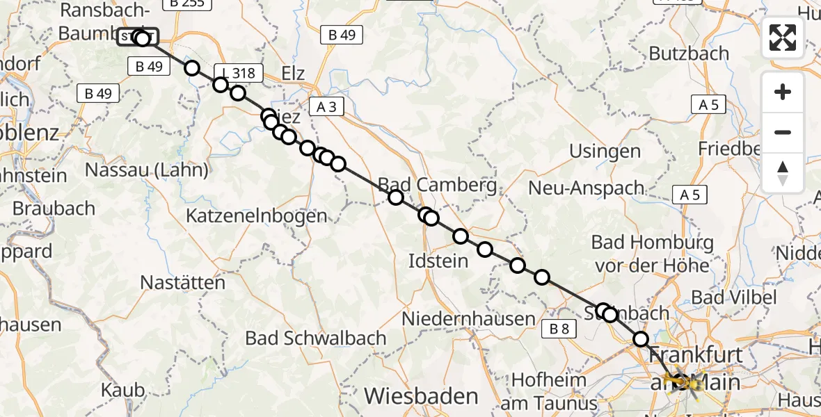 Flugroute Rettungshubschrauber Dernbach Sacred Heart Hospital - Frankfurt University Hospital, 29 April 2026, 16:35