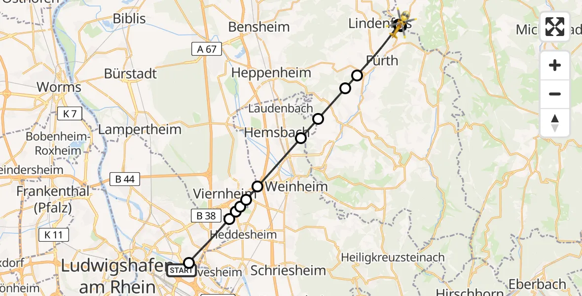 Flugroute Rettungshubschrauber Mannheim-City Flughafen - Reichelsheim (Odenwald), 29 April 2026, 16:36