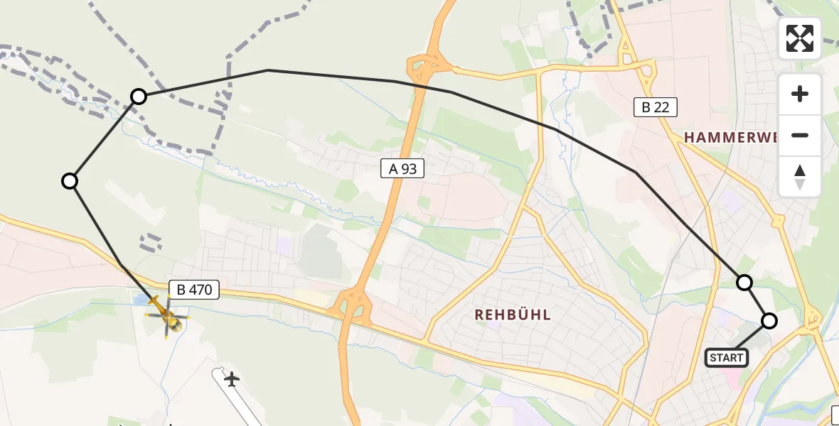Flugroute Rettungshubschrauber Weiden Hospital - Weiden i.d.OPf., 29 April 2026, 16:41
