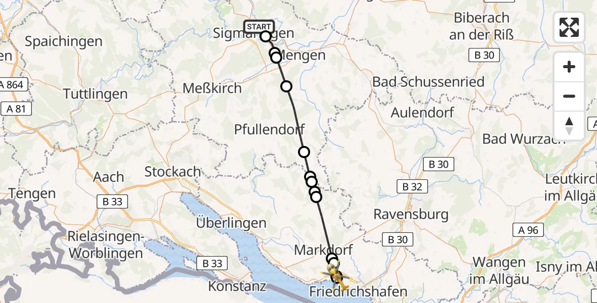 Flugroute Rettungshubschrauber Sigmaringen - Friedrichshafen Hospital, 29 April 2026, 16:42