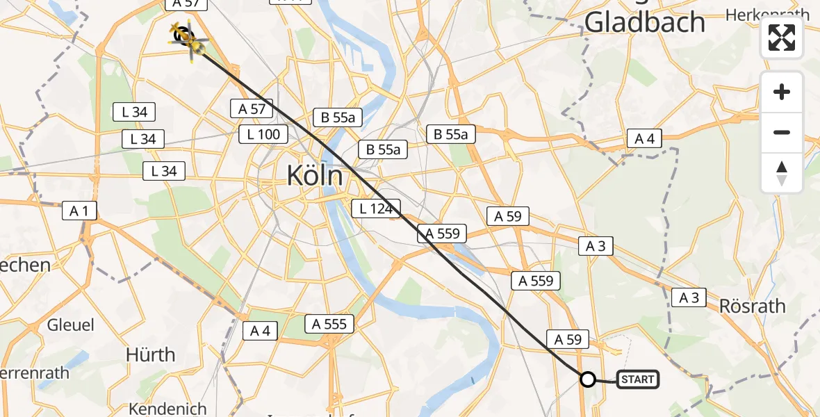 Flugroute Ambulanzhubschrauber Köln Bonn Flughafen - Köln, 29 April 2026, 16:45