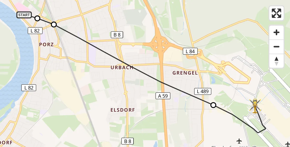 Flugroute Rettungshubschrauber Porz am Rhein Hospital - Köln Bonn Flughafen, 29 April 2026, 16:48