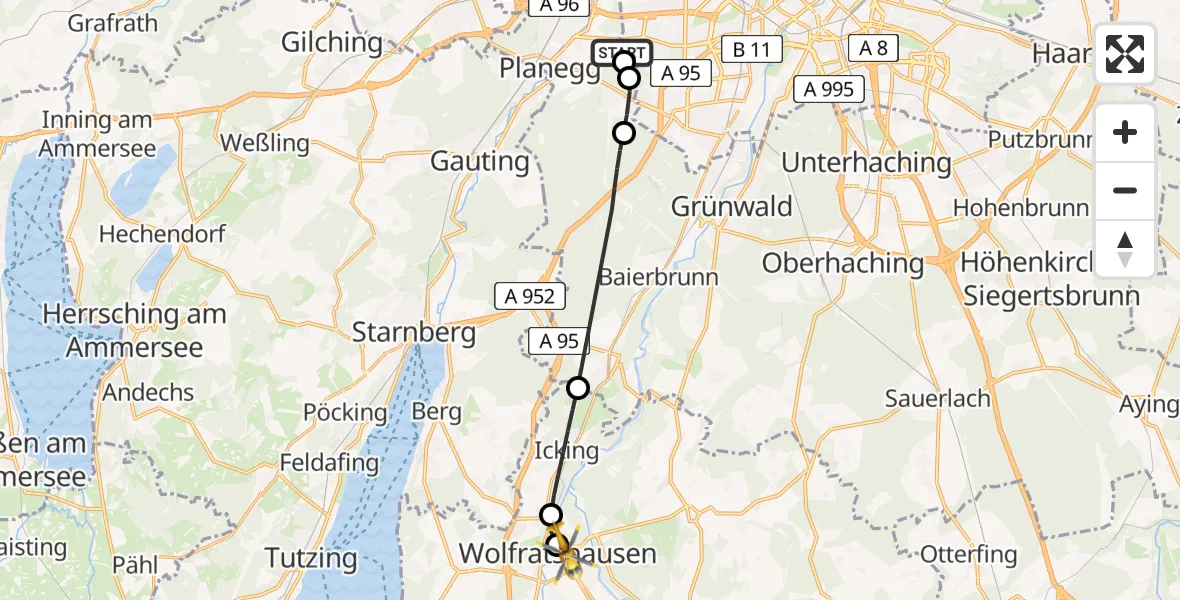 Flugroute Rettungshubschrauber DRF Air Rescue München Hubschrauberlandeplatz - Wolfratshausen Kreisklink Hubschrauberlandeplatz, 29 April 2026, 16:50