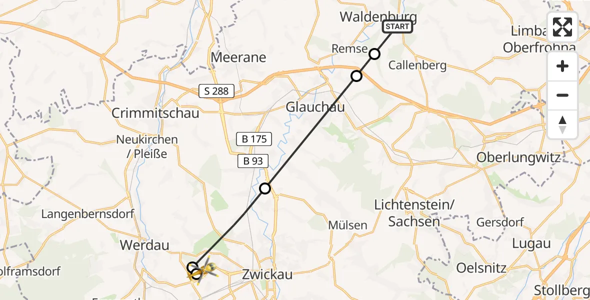 Flugroute Rettungshubschrauber Waldenburg - ADAC Air Rescue Station Zwickau Hubschrauberlandeplatz, 29 April 2026, 16:51