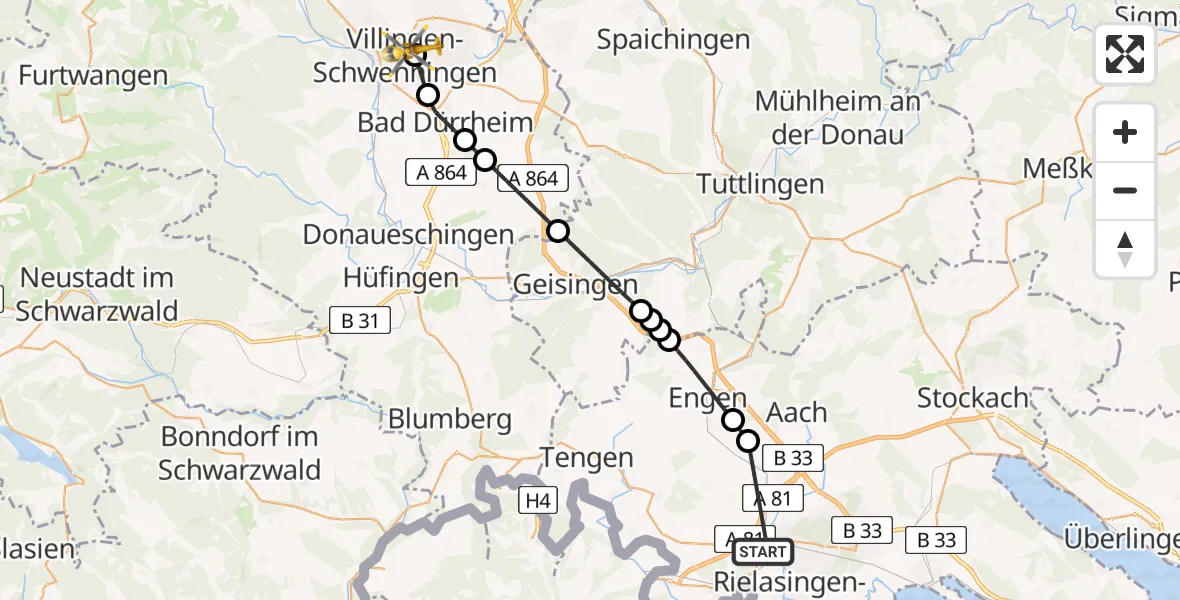 Flugroute Rettungshubschrauber Singen (Hohentwiel) - DRF Air Rescue Station Villingen-Schwenningen Hubschrauberlandeplatz (Christoph 11), 29 April 2026, 16:51