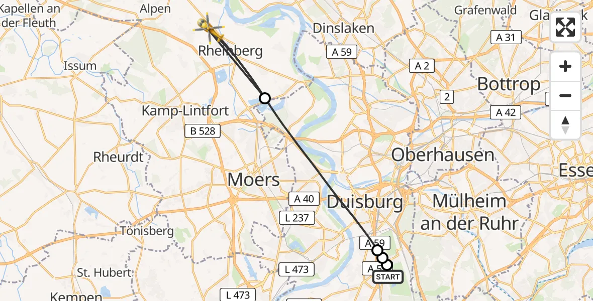 Flugroute Rettungshubschrauber Duisburg Air Rescue Hubschrauberlandeplatz (Christoph 9) - Rheinberg, 29 April 2026, 17:06