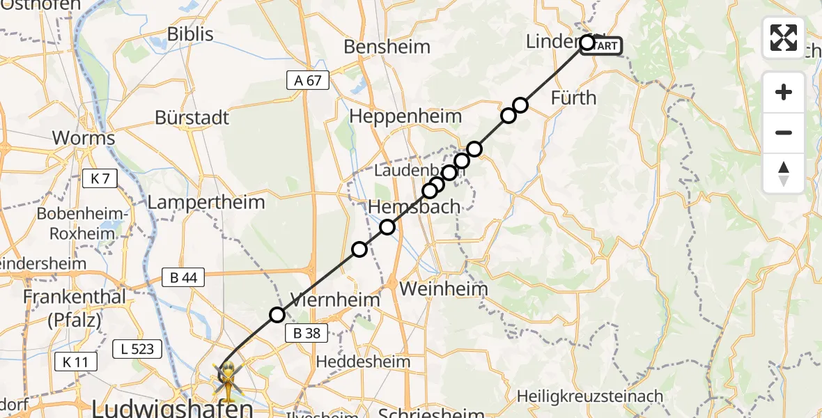 Flugroute Rettungshubschrauber Reichelsheim (Odenwald) - Mannheim, 29 April 2026, 17:07