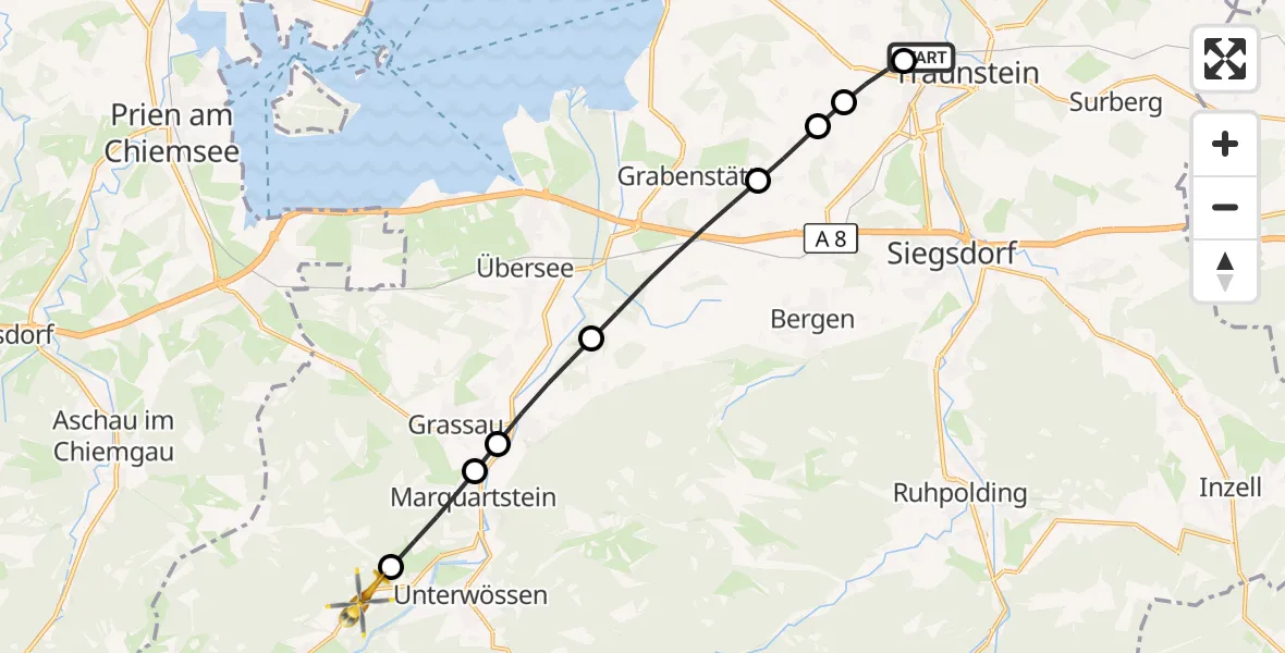 Flugroute Rettungshubschrauber Traunstein Hospital - Schleching, 29 April 2026, 17:13
