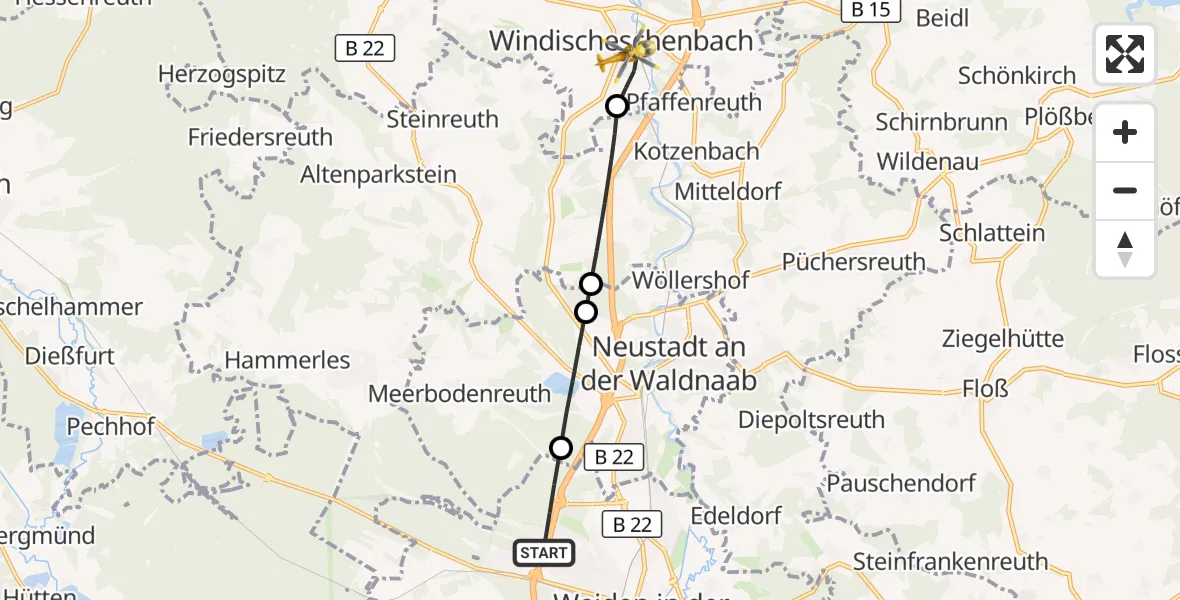 Flugroute Rettungshubschrauber Weiden i.d.OPf. - Windischeschenbach, 29 April 2026, 17:19