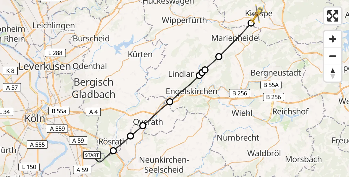 Flugroute Rettungshubschrauber Köln Bonn Flughafen - Kierspe, 29 April 2026, 17:24