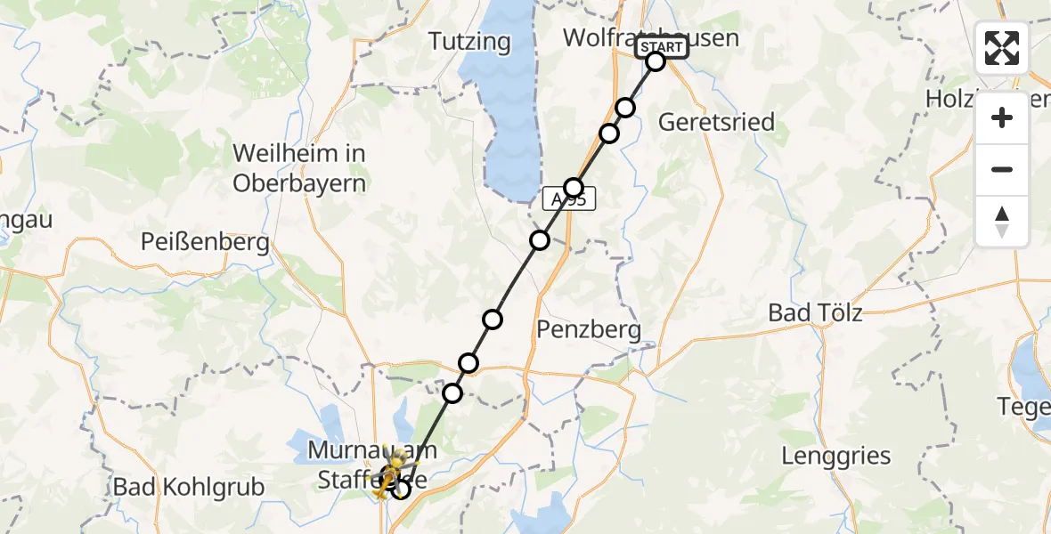 Flugroute Rettungshubschrauber Wolfratshausen - Murnau Accident Hospital, 29 April 2026, 17:26