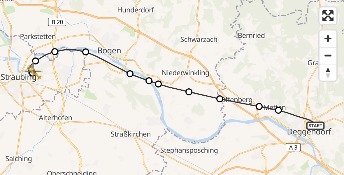 Flugroute Rettungshubschrauber Deggendorf - Sankt Elisabeth Hospital Straubing, 29 April 2026, 17:33