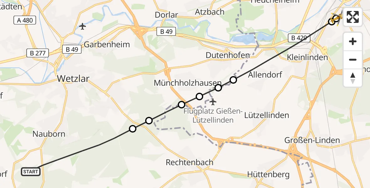 Flugroute Rettungshubschrauber Wetzlar - Gießen University Hospital, 29 April 2026, 17:33